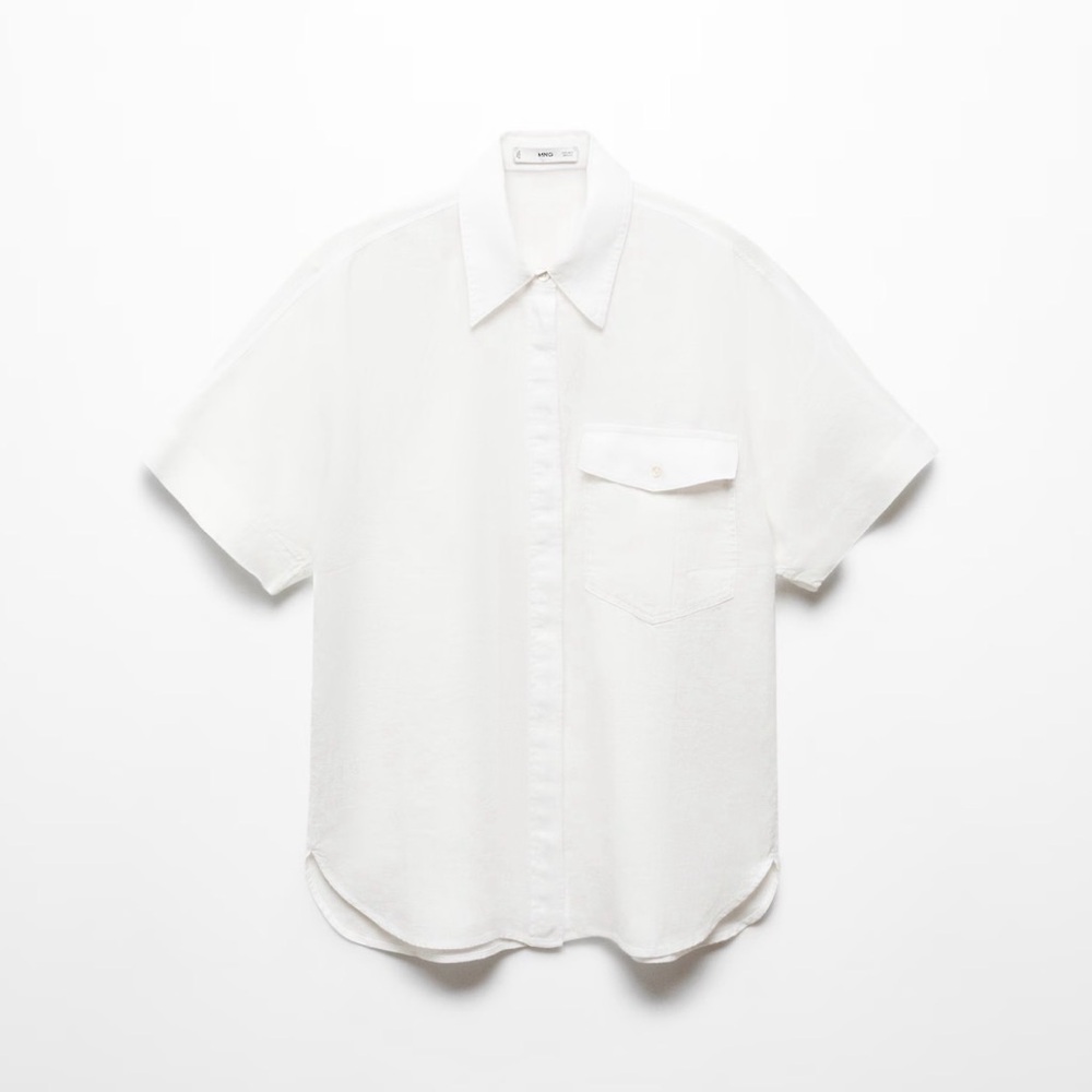 Mango White Short-Sleeve Linen Button-Down Shirt